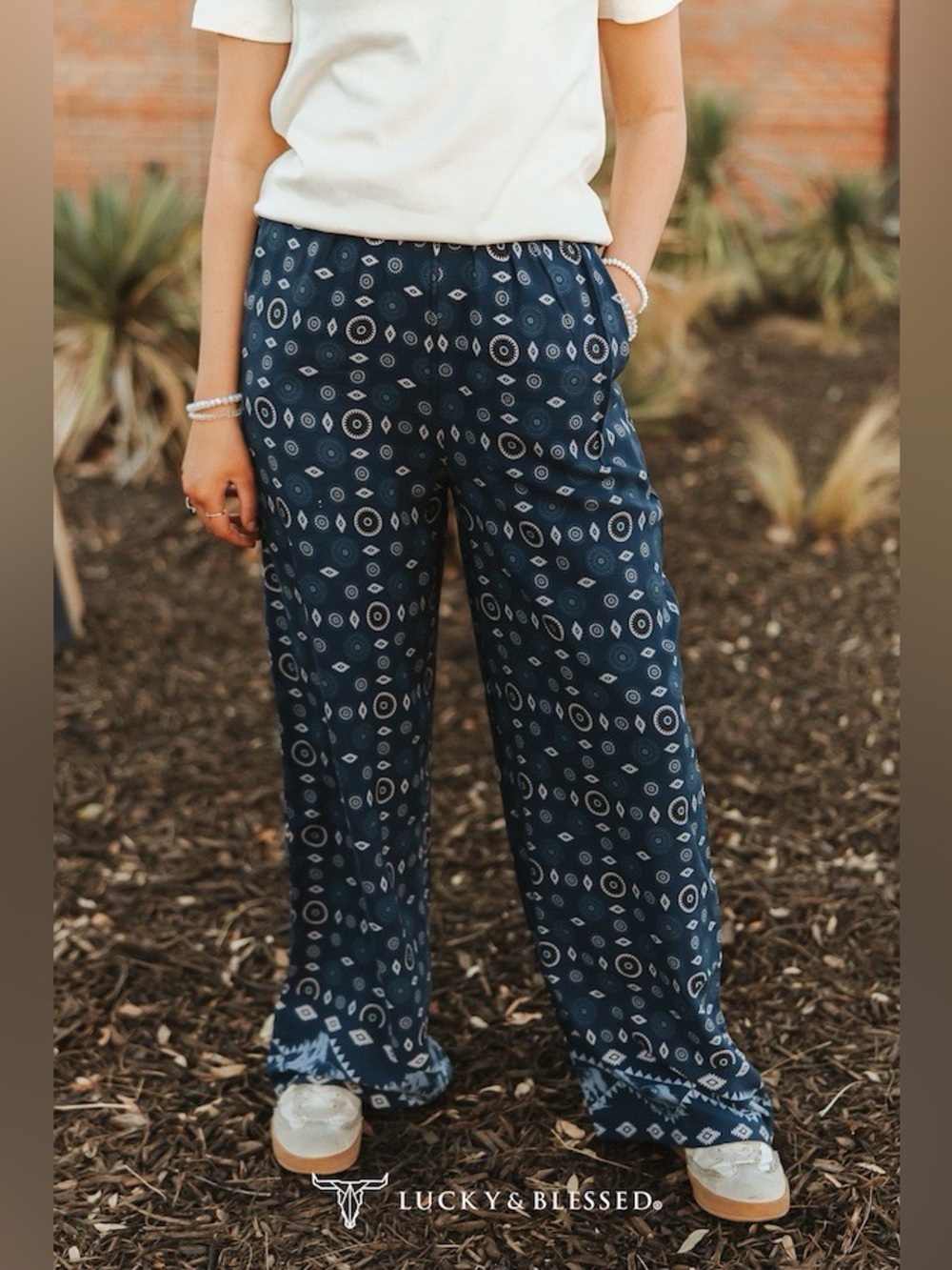 Lucky & Blessed Navy Blue Aztec Printed Elastic Waist Wide Leg Pants